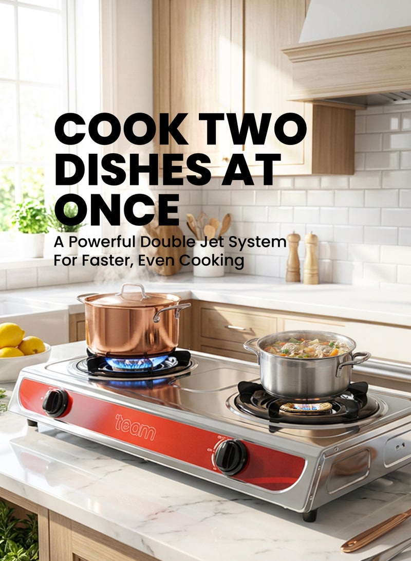 تيم TEAM Double Burner Gas Stove | Stainless Steel Body | Automatic Ignition | Cast Iron Burner with Brass Cover | Adjustable Damper & Double Jet System - Image 4